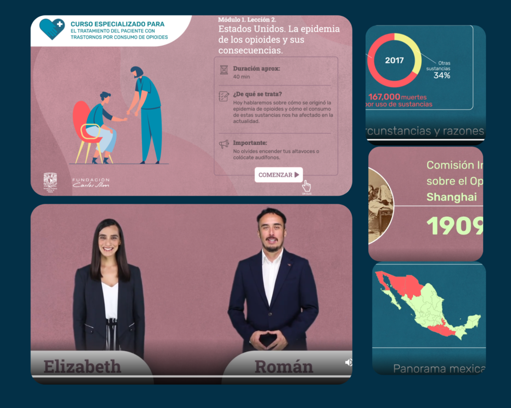 Collage de imágenes del curso Especializado para el Tratamiento del Paciente con Trastorno pro uso de Opioides Fundación Carlos Slim